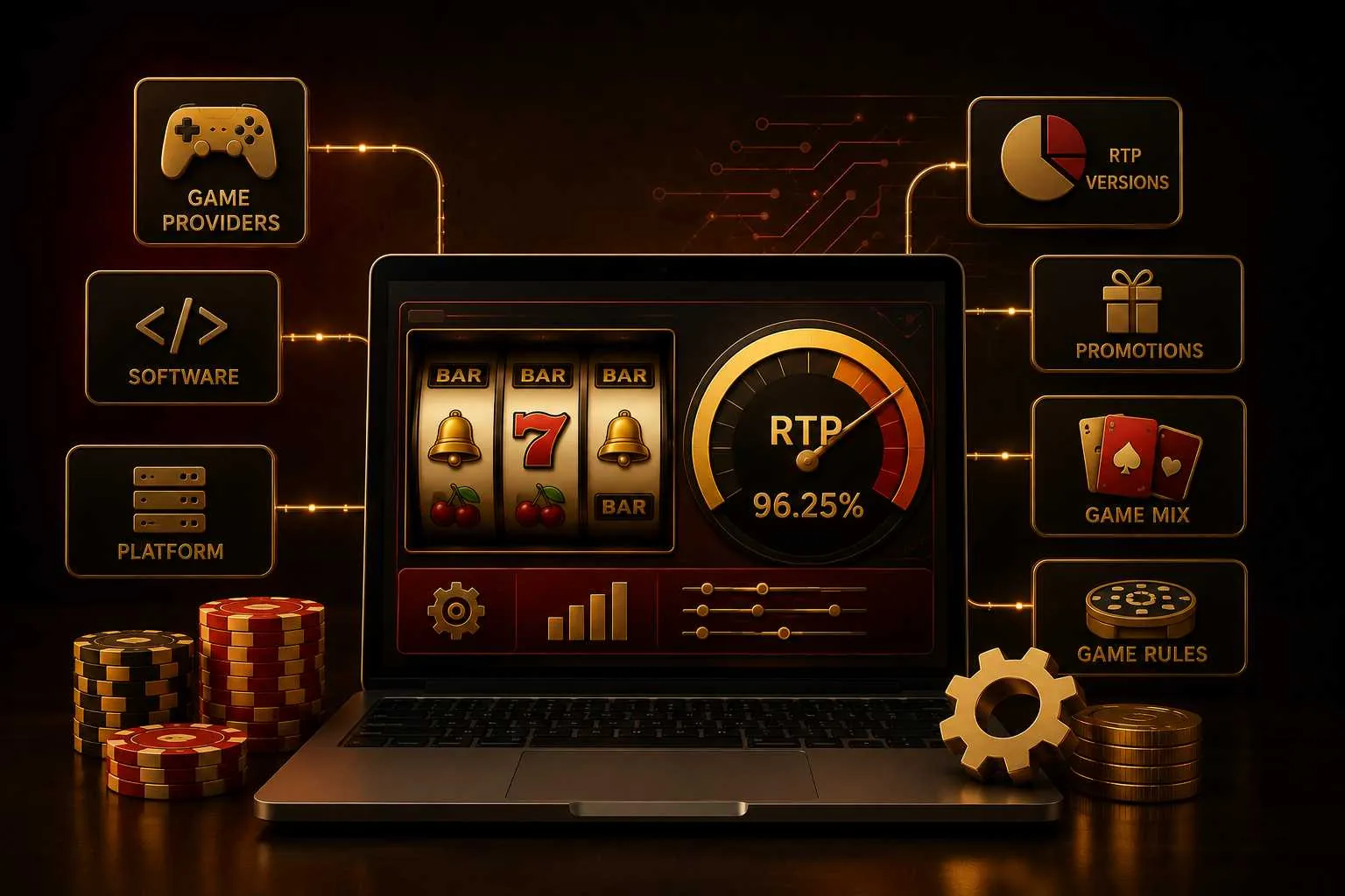 Casino software dashboard showing an RTP payout gauge, slot reels, game providers and platform settings