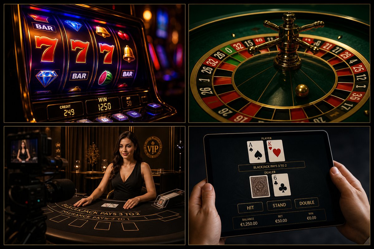 Four casino game types: slots, roulette, live dealer, and other games