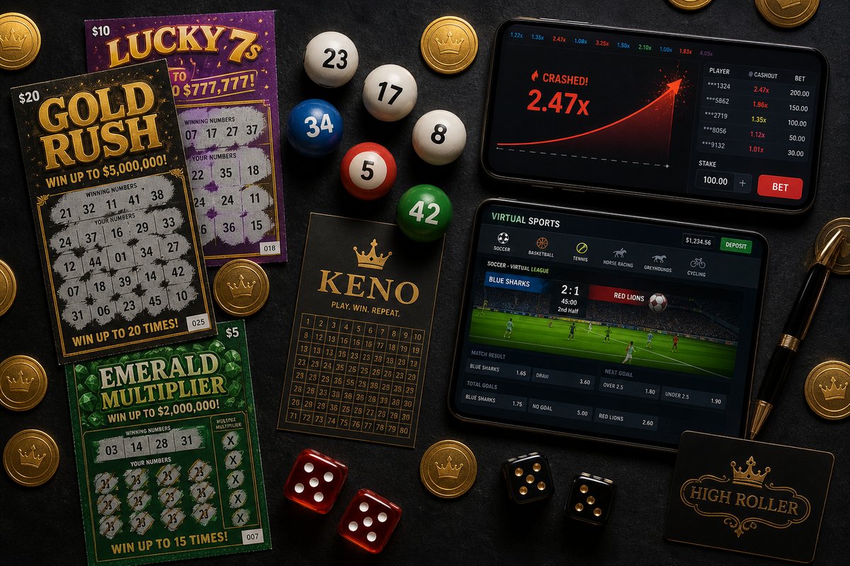 Collection of casino game formats including scratch cards and virtual sports