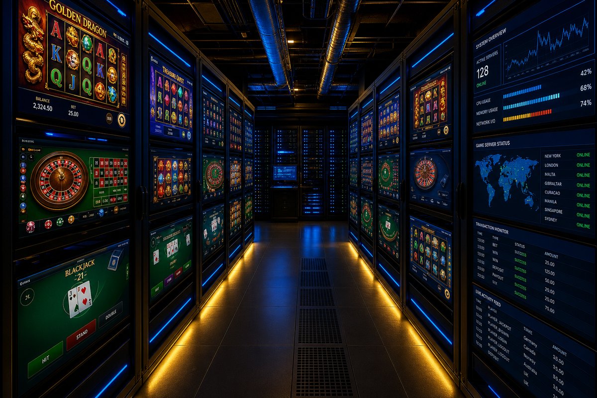 Casino software servers and glowing game screens